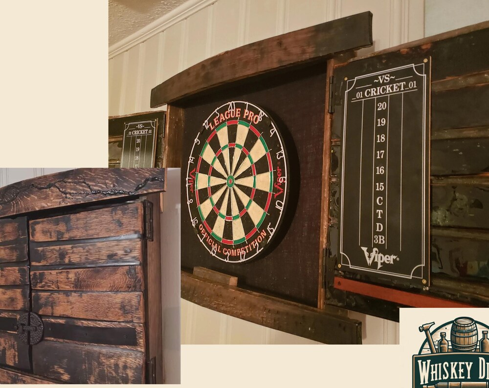 Whiskey Barrel Dart Cabinet (Weathered Finish)