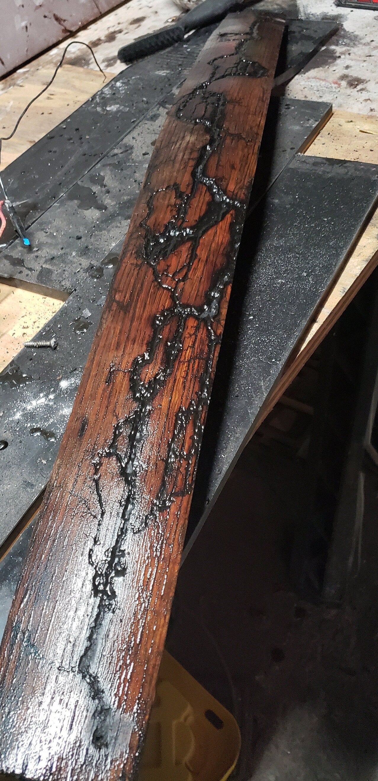 Fractal Burned Bourbon Whiskey Barrel Stave with Epoxy Resin Fill