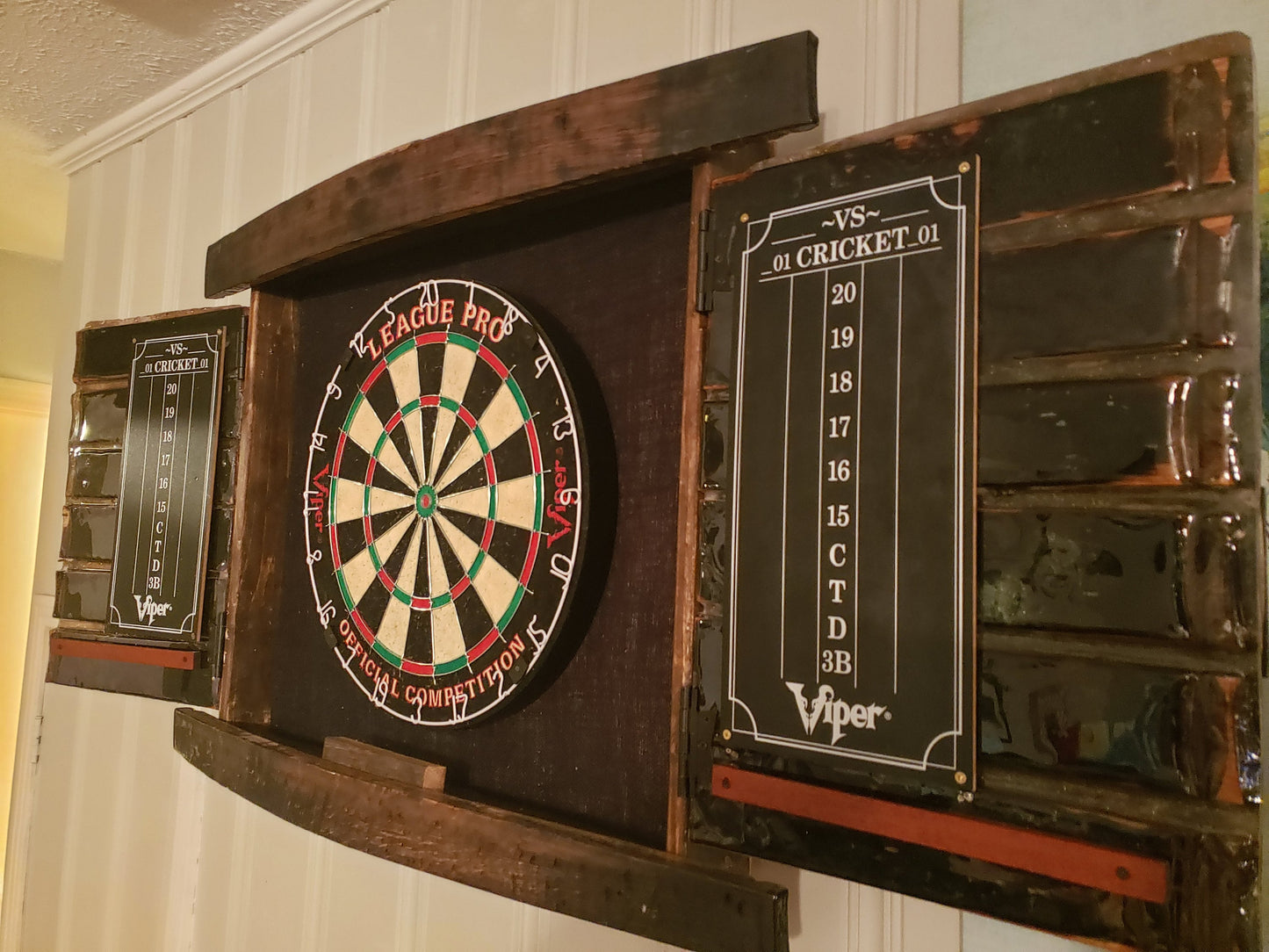 Whiskey Barrel Dart Cabinet (Weathered Finish) (Dartboard NOT Included)