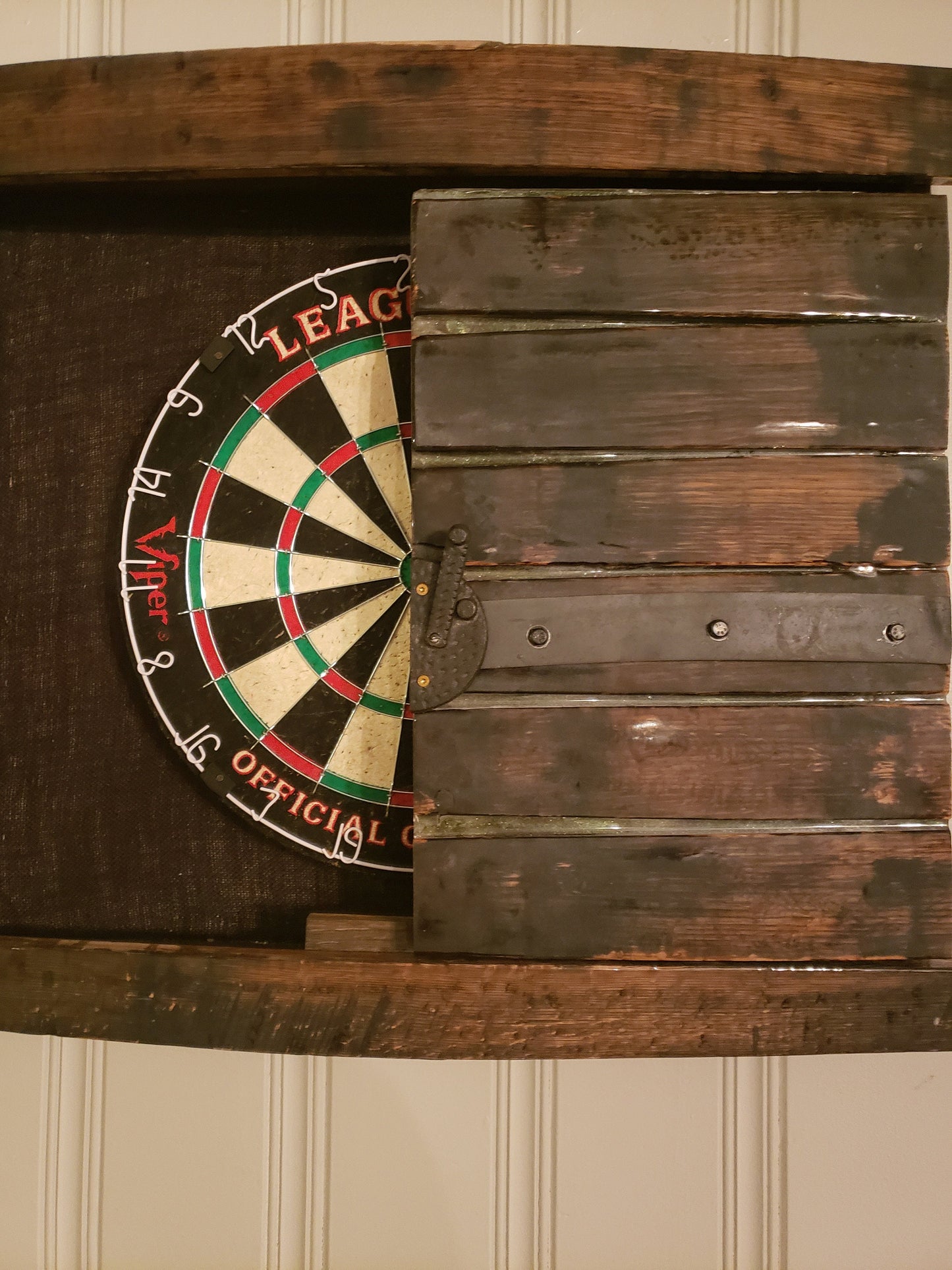 Whiskey Barrel Dart Cabinet (Weathered Finish) (Dartboard NOT Included)