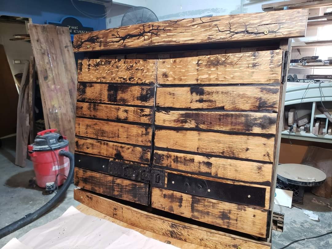 Wine Cork Whiskey Barrel Dart Cabinet (Weathered Finish) (Wine Cork Backing) (DartBoard NOT Included)