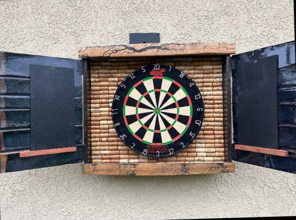 Outdoor Whiskey Barrel Dart Cabinet (Polyeurethane Finish) (Wine Cork Backing) (Dartboard NOT Included)