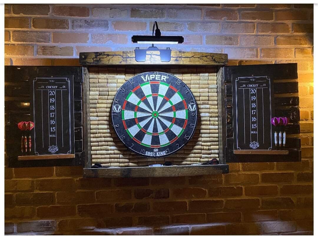 Fractal Burned Whiskey Barrel Dart Cabinet Wine Cork Backing (Oil Finish) (Dartboard, Darts and Scoreboard INCLUDED)