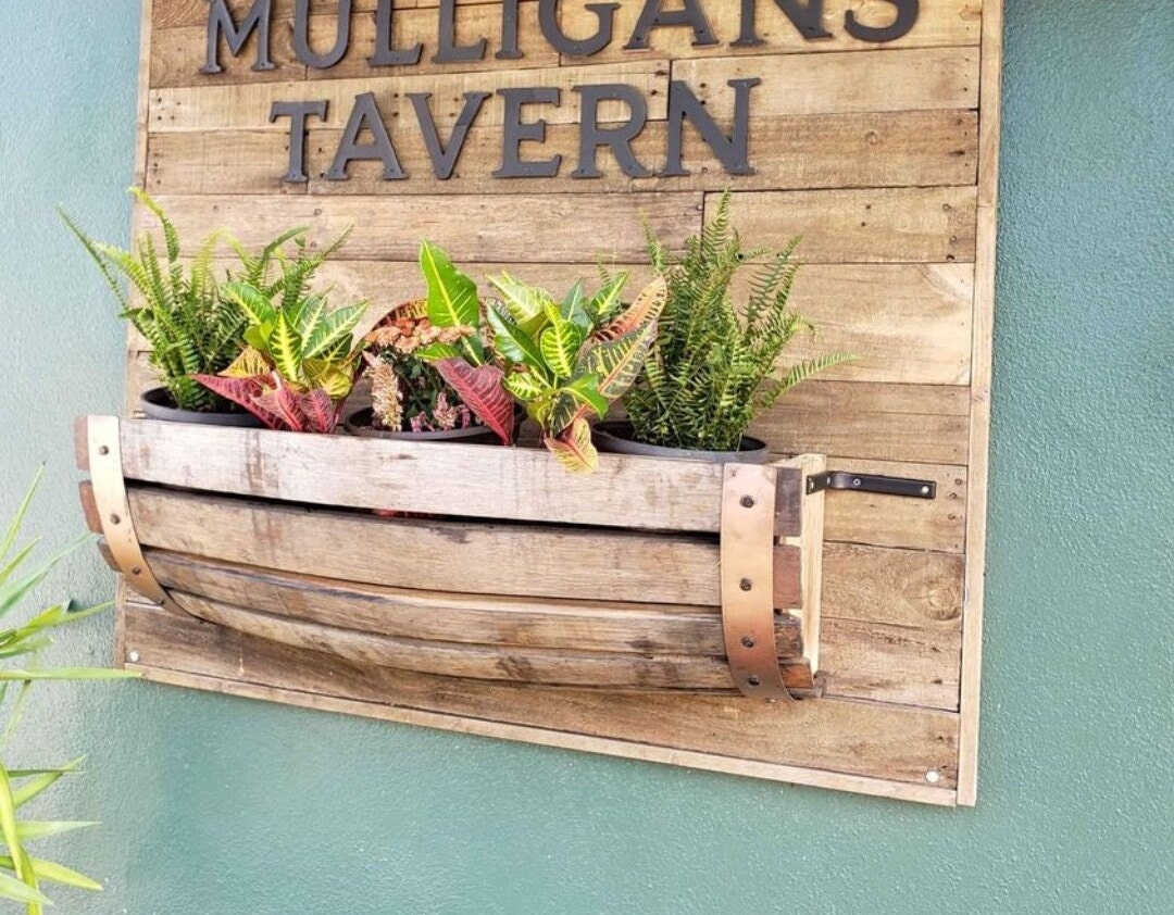 Whiskey Barrel Wall Hanging Planter Box (Clearcoat Finish)