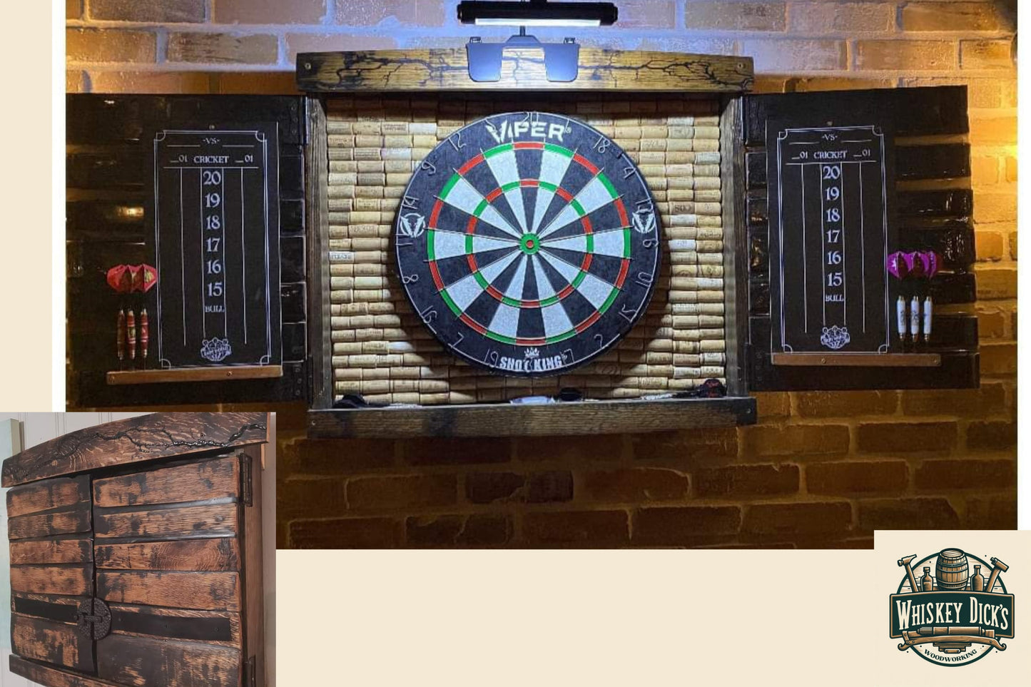 Fractal Burned Whiskey Barrel Dart Cabinet Wine Cork Backing (Oil Finish) (Dartboard, Darts and Scoreboard INCLUDED)