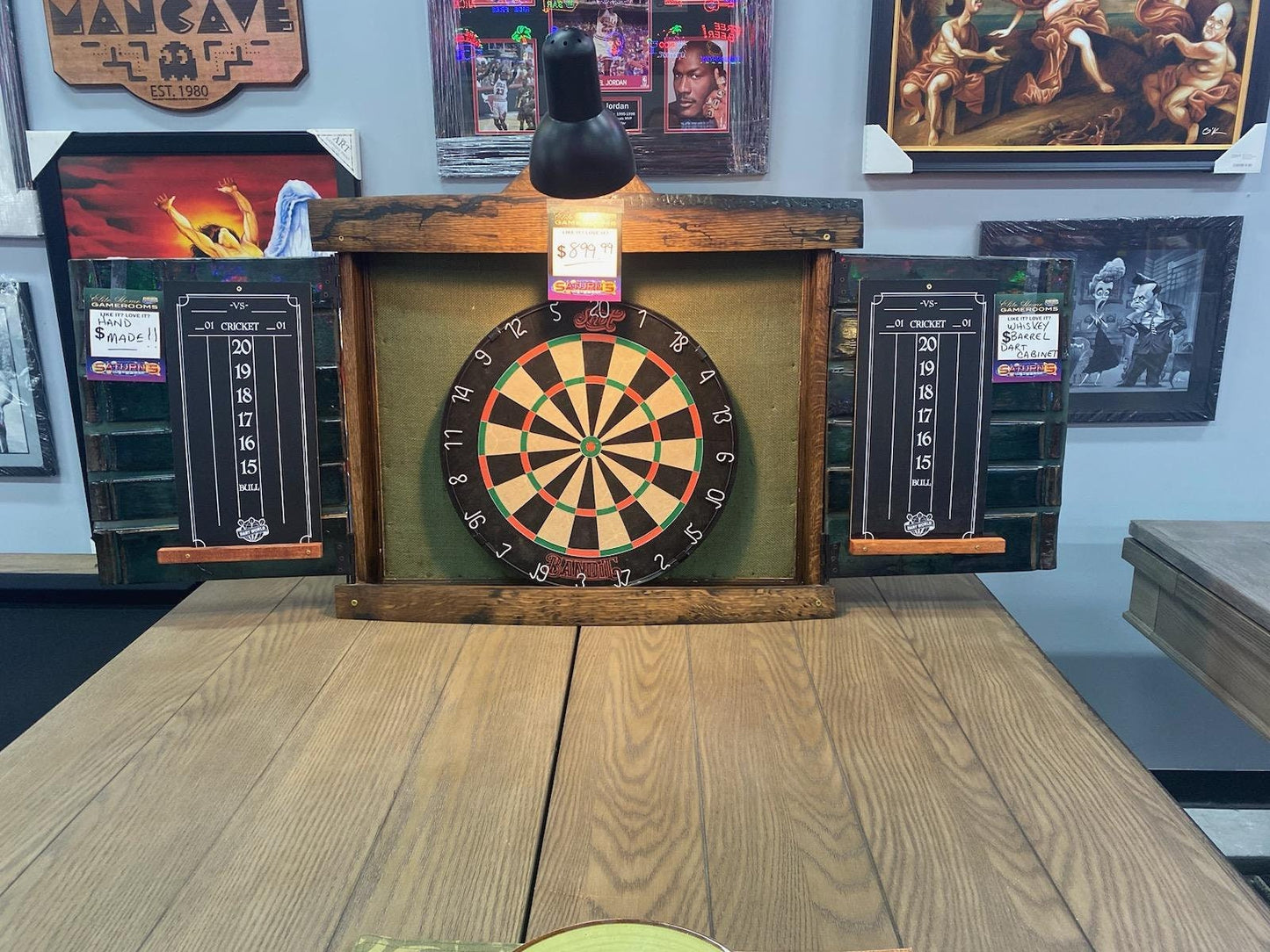 THE IRISH: Whiskey Barrel Dart Cabinet (Fractal Burned)(Oil Finish) (Dartboard NOT Included)