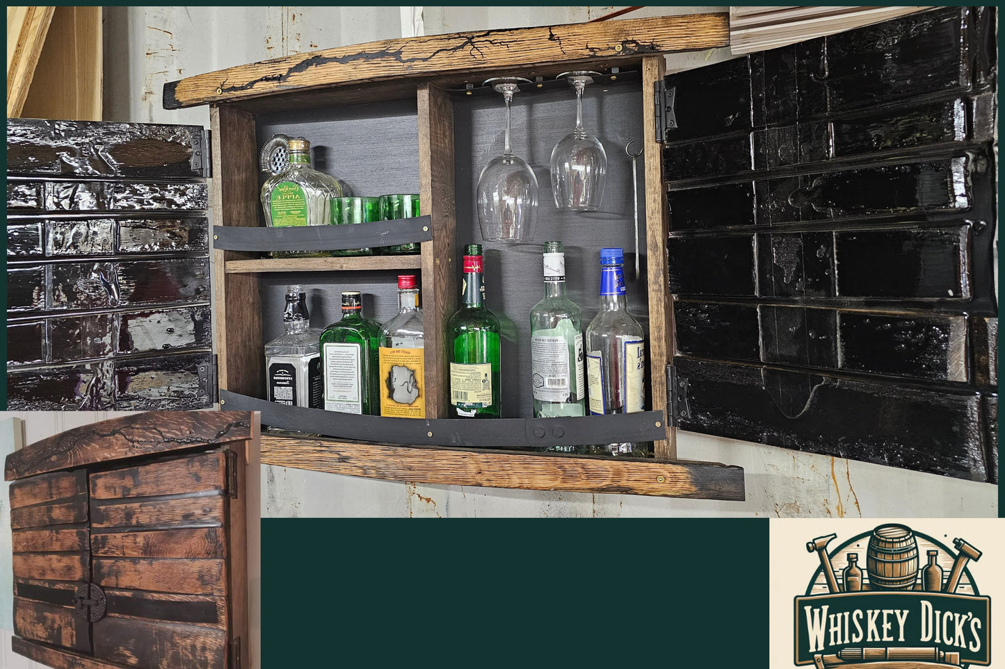 Wall-Mounted Bar Cabinet from Recycled Whiskey Barrels - Ideal for Speakeasy, Mancave, or Personal Bar