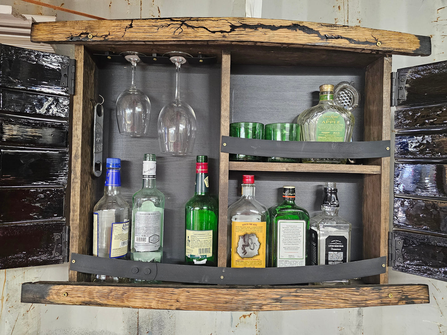 Wall-Mounted Bar Cabinet from Recycled Whiskey Barrels - Ideal for Speakeasy, Mancave, or Personal Bar