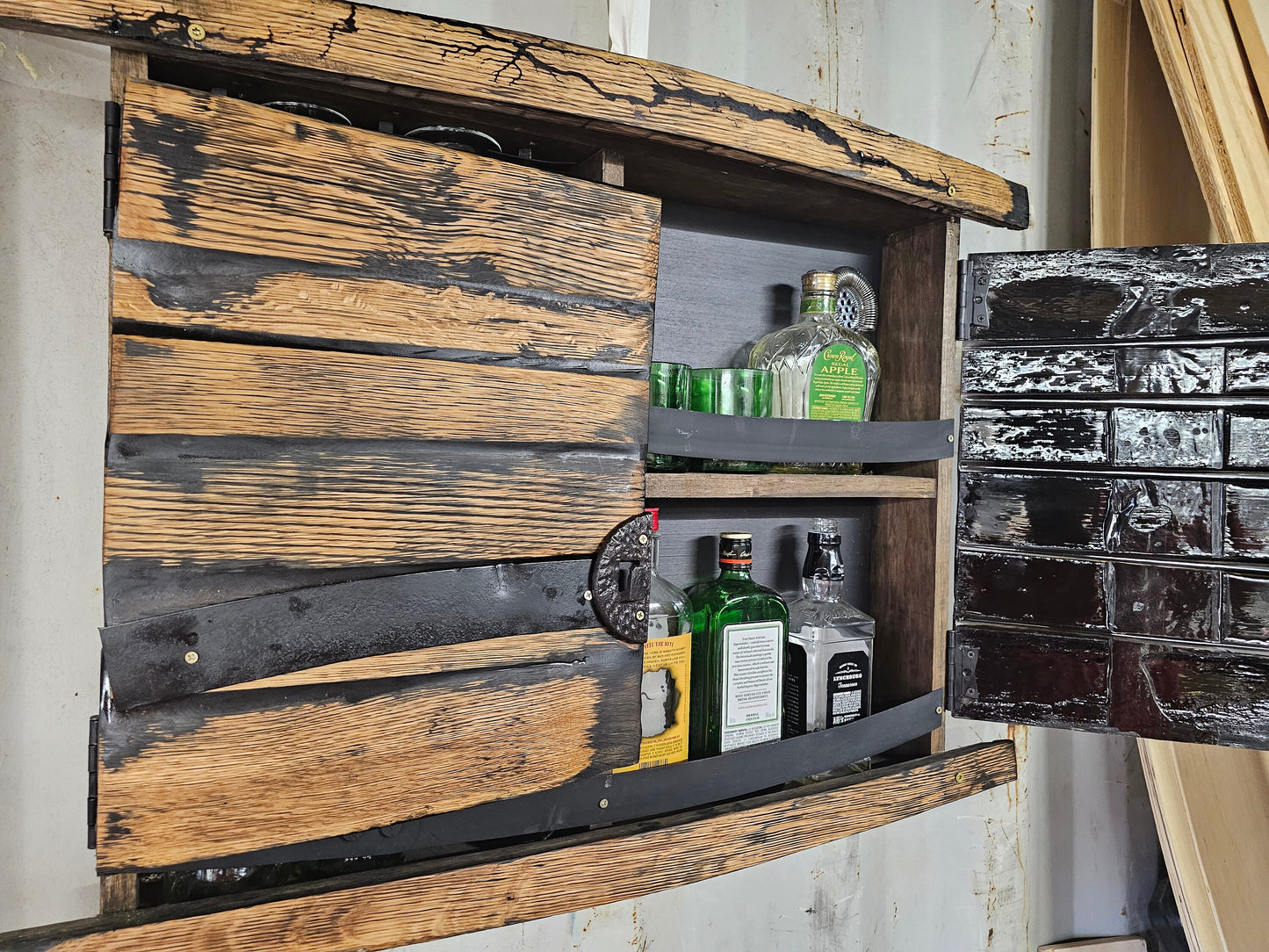 Wall-Mounted Bar Cabinet from Recycled Whiskey Barrels - Ideal for Speakeasy, Mancave, or Personal Bar