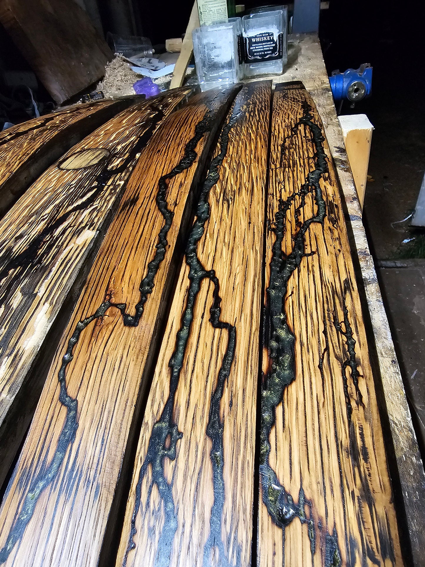 Fractal Burned Bourbon Whiskey Barrel Stave with Epoxy Resin Fill