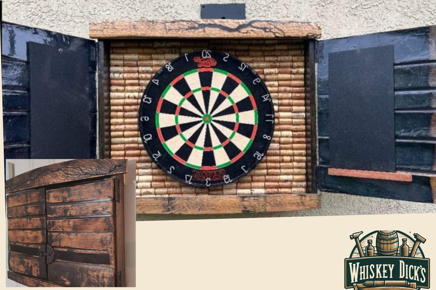 Outdoor Whiskey Barrel Dart Cabinet (Polyeurethane Finish) (Wine Cork Backing) (Dartboard NOT Included)