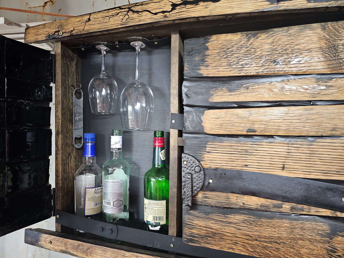 Wall-Mounted Bar Cabinet from Recycled Whiskey Barrels - Ideal for Speakeasy, Mancave, or Personal Bar