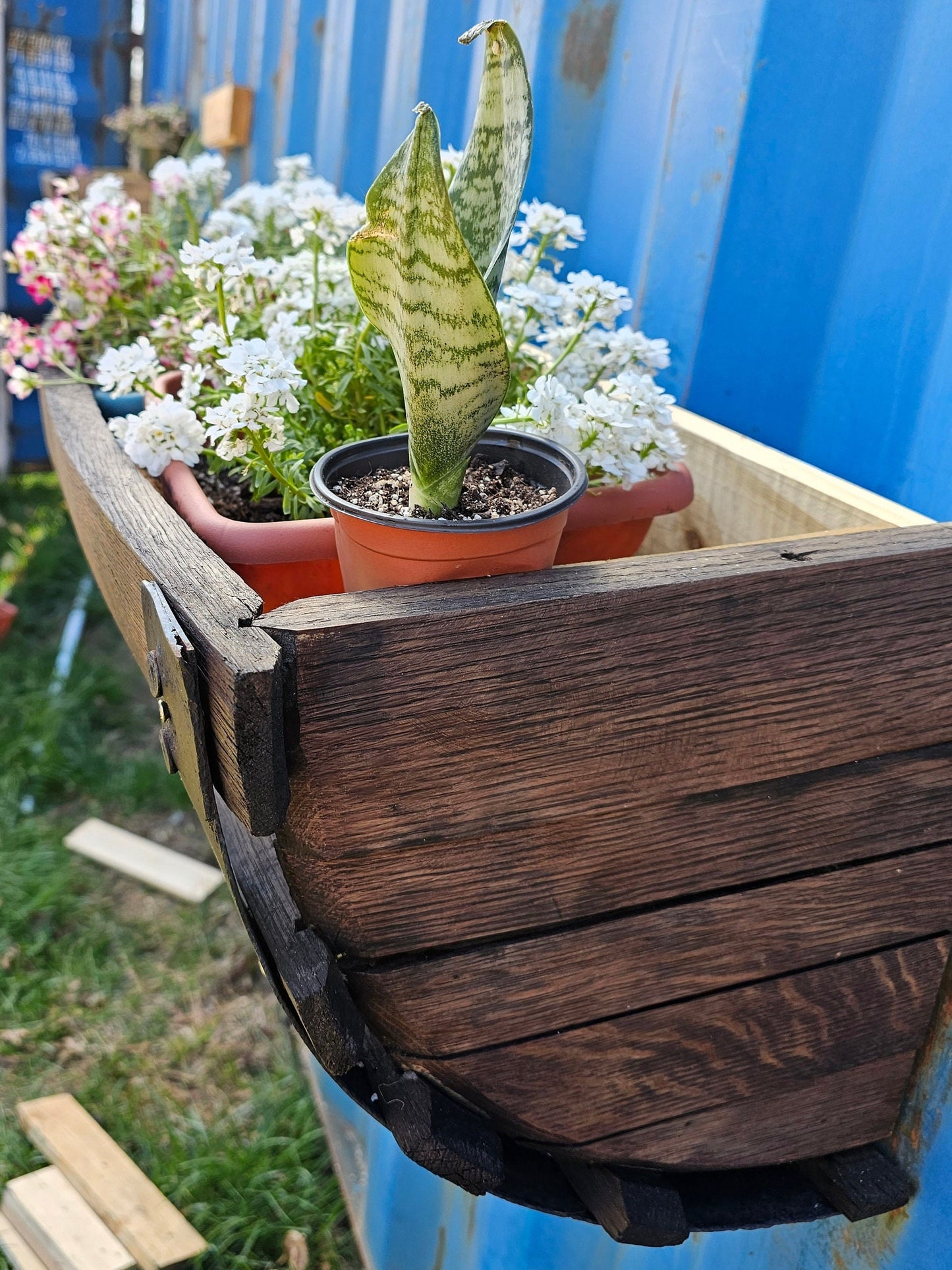 Whiskey Barrel Wall Hanging Planter Box (Clearcoat Finish)