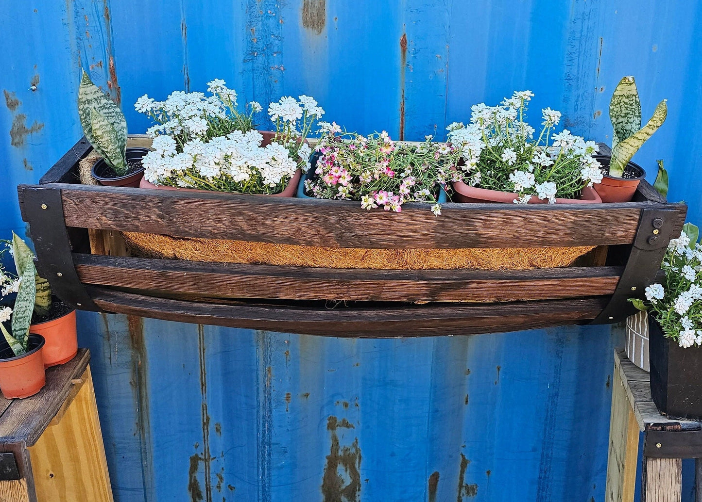 Whiskey Barrel Wall Hanging Planter Box (Clearcoat Finish)